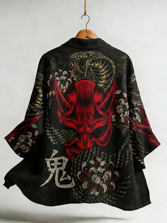 Japanese Mask & Snake Pattern Art Print Linen-blend Kimono