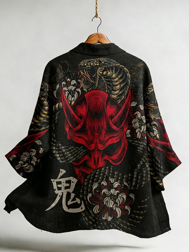 Japanese Mask & Snake Pattern Art Print Linen-blend Kimono