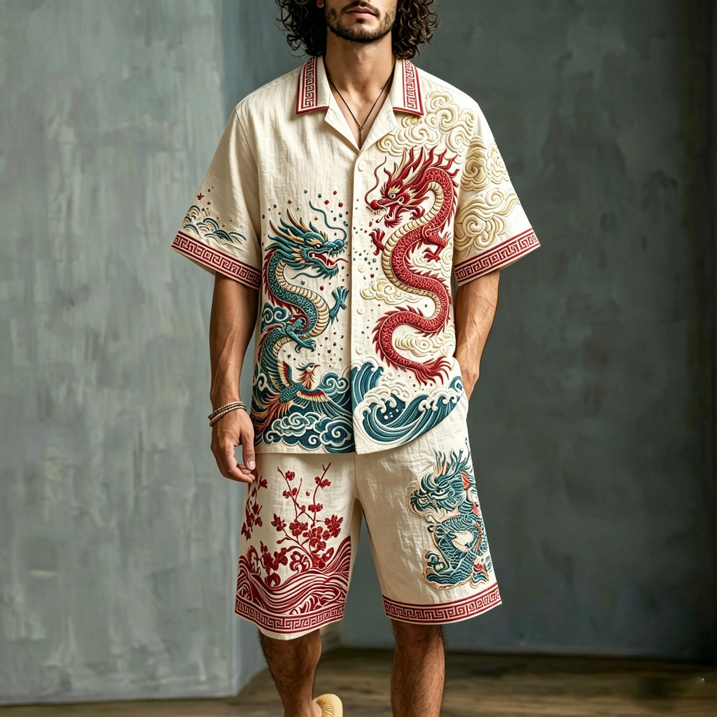 Men's Japanese Art Dragon Floral Design Cotton Linen Short-sleeve And Shorts Two-piece Set