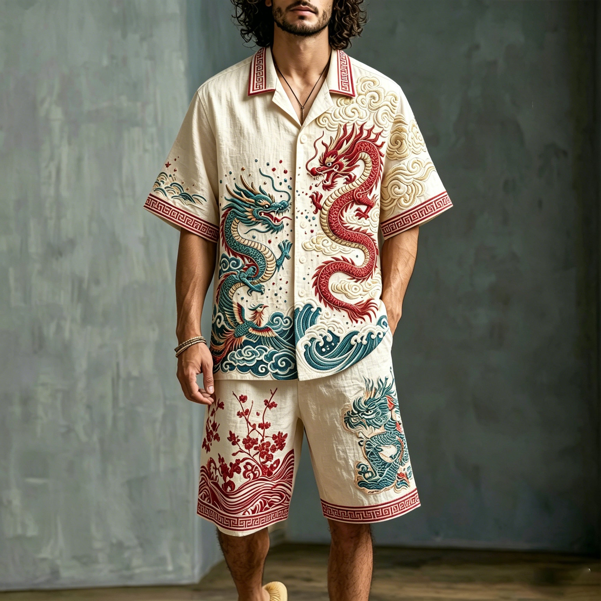 Men's Japanese Art Dragon Floral Design Cotton Linen Short-sleeve And Shorts Two-piece Set