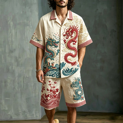 Men's Japanese Art Dragon Floral Design Cotton Linen Short-sleeve And Shorts Two-piece Set