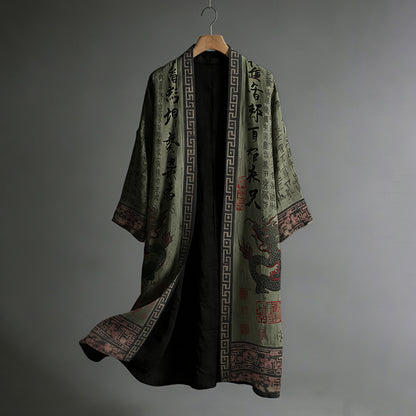 Men's Japanese Dragon Pattern Calligraphy And Painting Art Linen Long Kimono