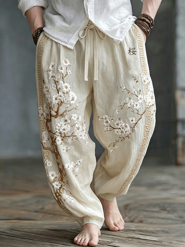 Men's Japanese Style White Almond Blossom Art Cotton Linen Vintage Pants
