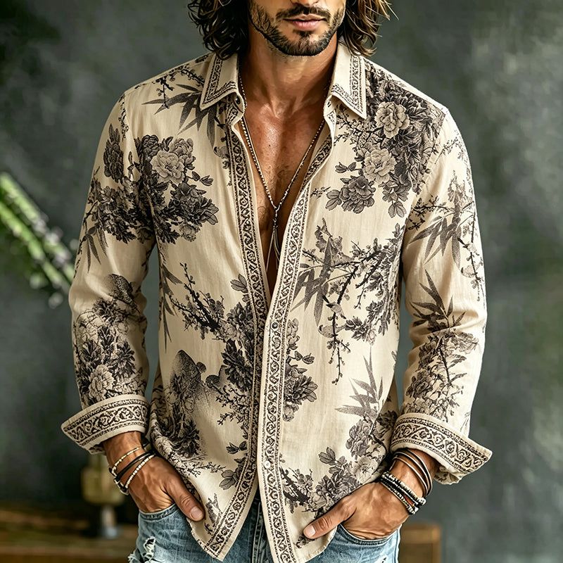 Men's Vintage Spring Bamboo Floral Art Print Flowy Linen Blend Shirt