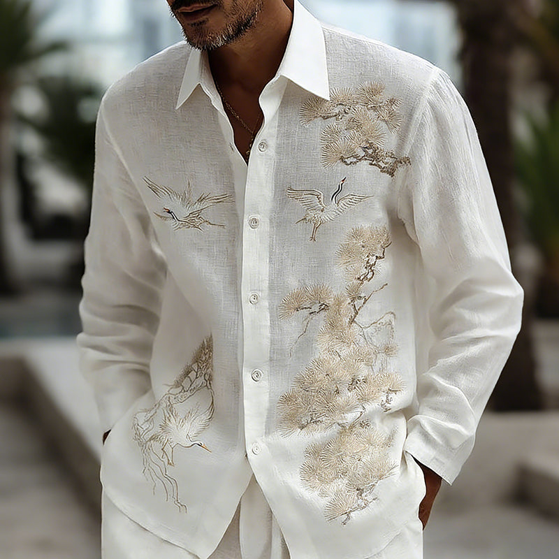 Men's Retro Pine Tree And Crane Art Linen Shirt