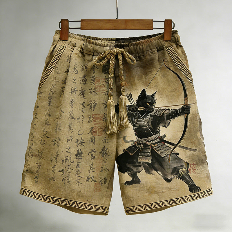 Men's Black Cat Samurai And Calligraphy Pattern Linen Blend Shorts