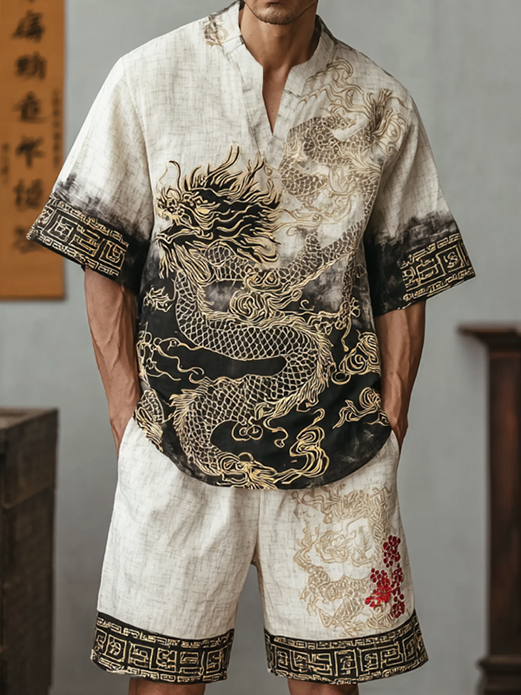 Men's Retro Dragon Design Loose Fit Suit