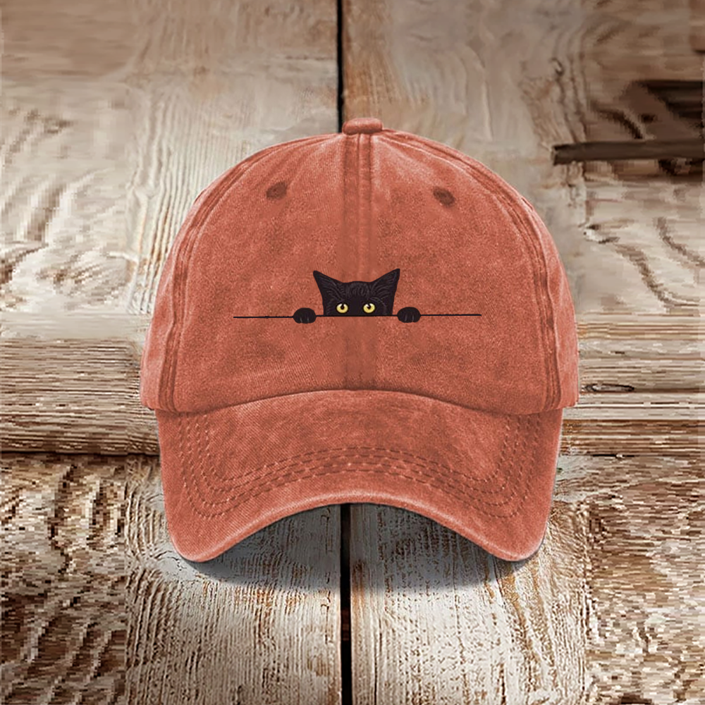 Japanese Art Black Cat Print Washed Hat