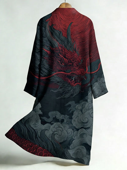 Men's Japanese Dragon Art Print Linen Long Kimono