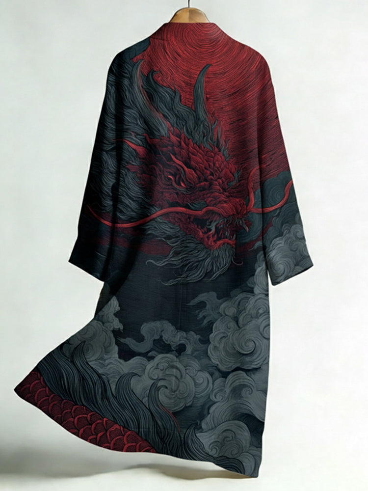 Men's Japanese Dragon Art Print Linen Long Kimono