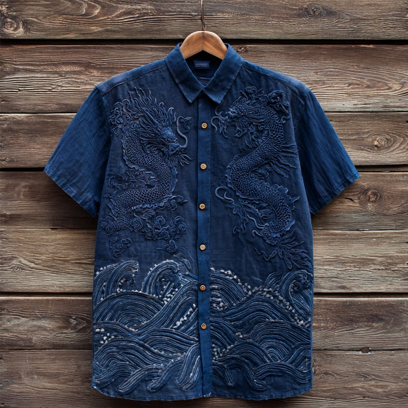 Japanese Waves & Dragon Embroidered Cozy Linen Shirt
