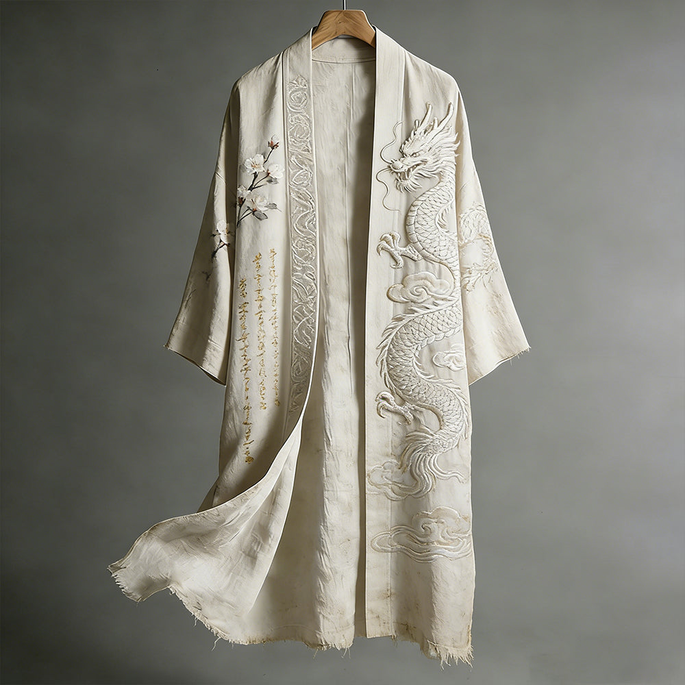 Vintage Japanese-style Dragon And Cherry Blossom Calligraphy Art Cotton-linen Distressed Kimono