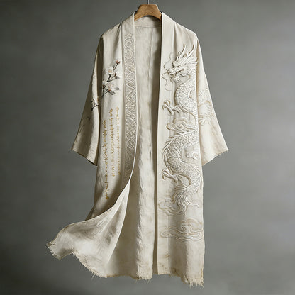 Vintage Japanese-style Dragon And Cherry Blossom Calligraphy Art Cotton-linen Distressed Kimono