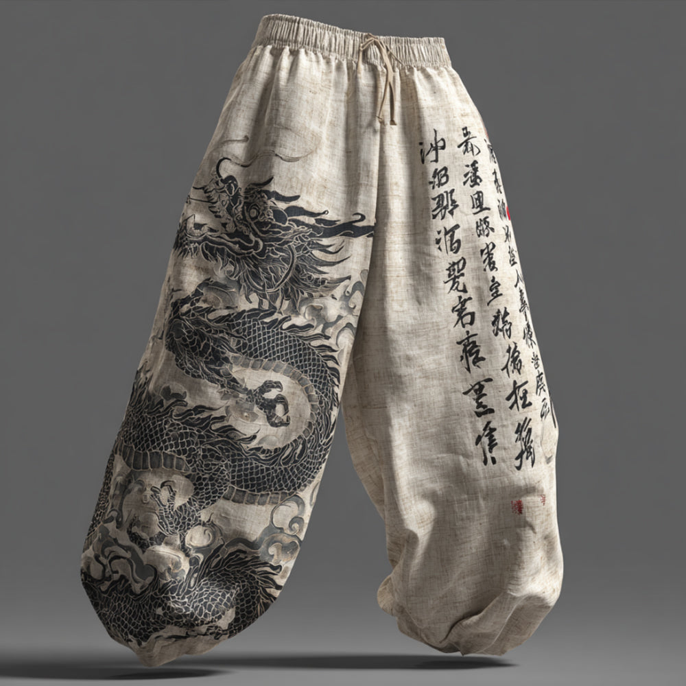 Japanese Art Dragon Totem Black And White Artistic Cotton Linen Trousers