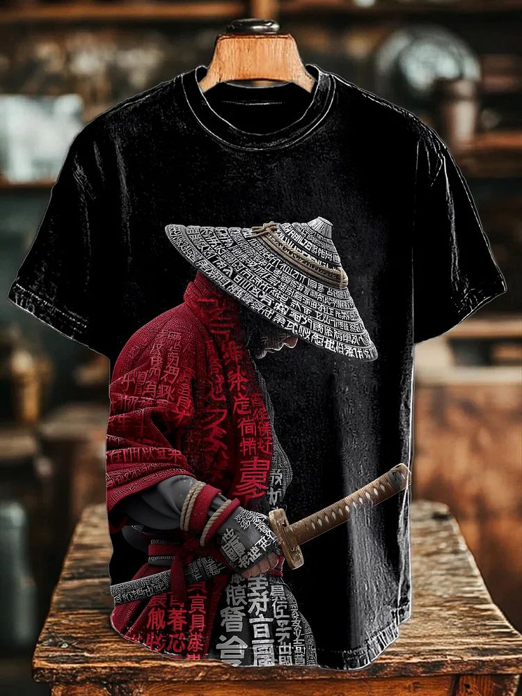 Men's Japanese Samurai Calligraphy Print Casual T-shirt