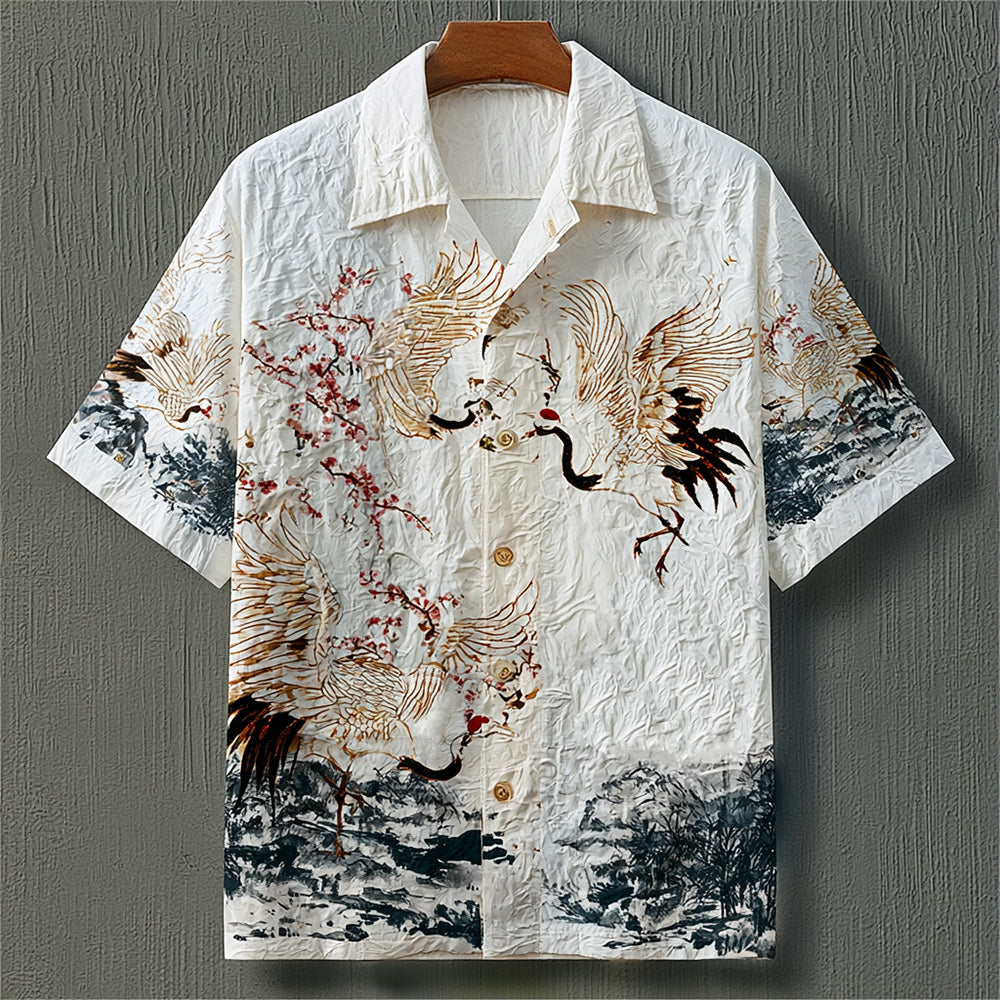 Men's Japanese Crane & Cherry Blossom Print Button Shirt - Vintage Art Casual Top