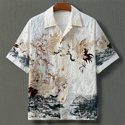 Men's Japanese Crane & Cherry Blossom Print Button Shirt - Vintage Art Casual Top