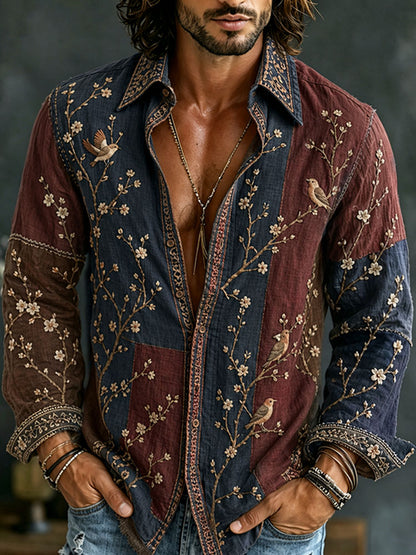Men's Retro Flowers And Birds Patchwork Art Casual Linen Shirt