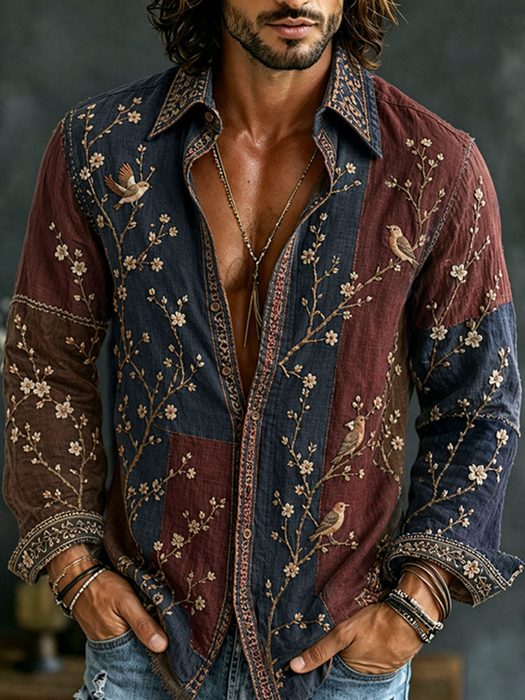 Men's Retro Flowers And Birds Patchwork Art Casual Linen Shirt