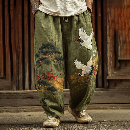 Men's Vintage Japanese Songhe Art Embroidery Art Linen Blended Casual Pants
