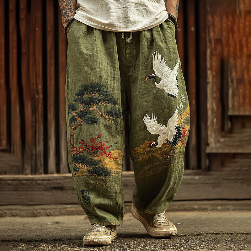 Men's Vintage Japanese Songhe Art Embroidery Art Linen Blended Casual Pants