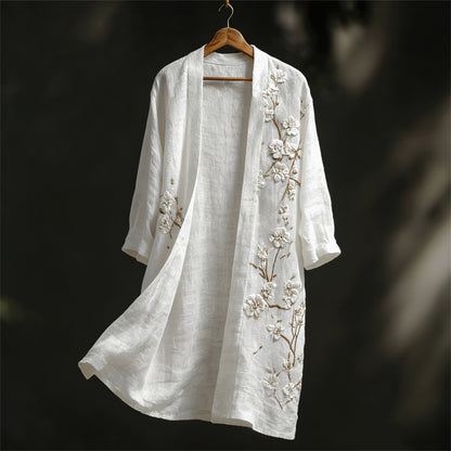 Classy White Almond Blossom Embroidered Flowy Linen Long Kimono