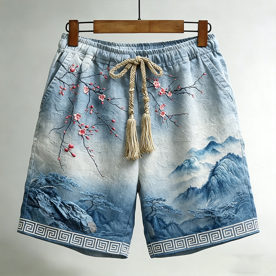 Vintage Landscape And Flower Embroidery Pattern Design Men's Casual Linen Shorts