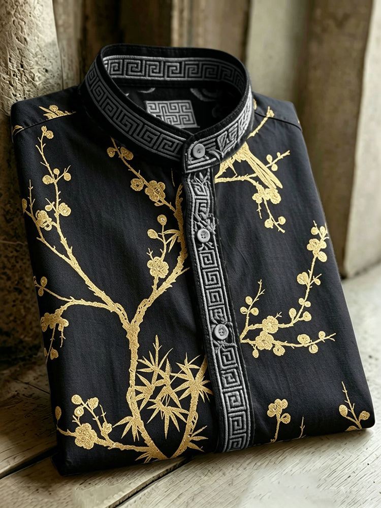 Vintage Japanese Flowers Art Pattern Casual Shirt