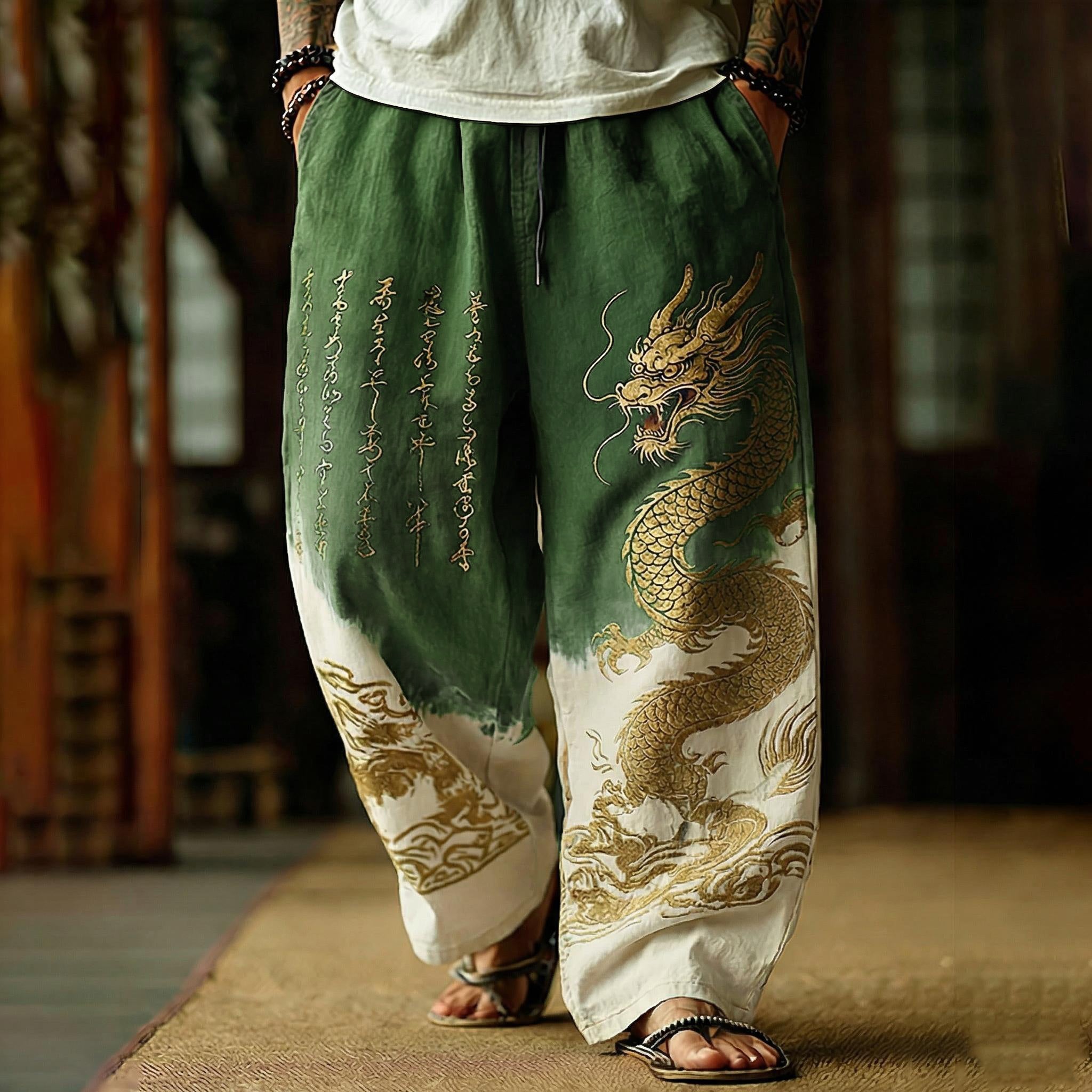 Japanese Retro Dragon Pattern And Calligraphy Art Tie-dye Pants