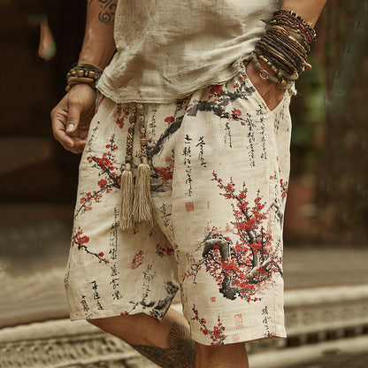 Men's Vintage Japanese Cherry Blossom Art Print Linen Blend Shorts