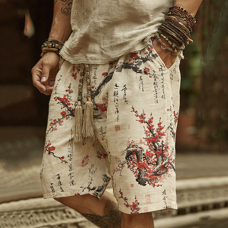 Men's Vintage Japanese Cherry Blossom Art Print Linen Blend Shorts