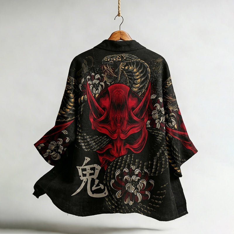 Japanese Mask & Snake Pattern Art Print Linen-blend Kimono