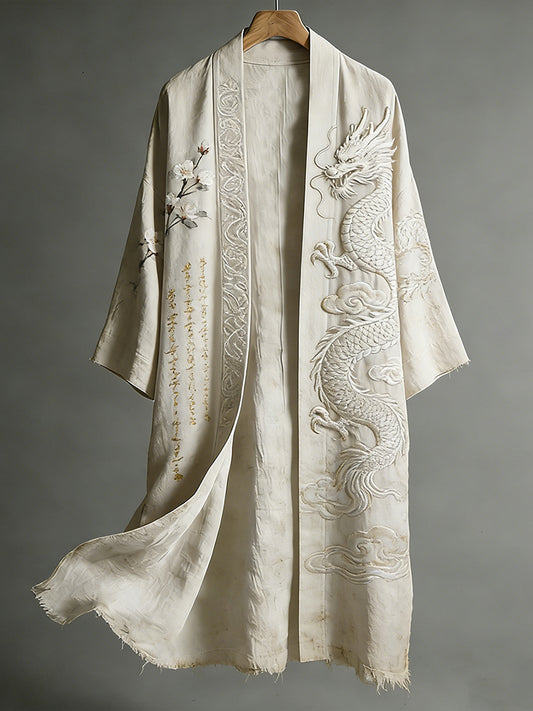 Vintage Japanese-style Dragon And Cherry Blossom Calligraphy Art Cotton-linen Distressed Kimono