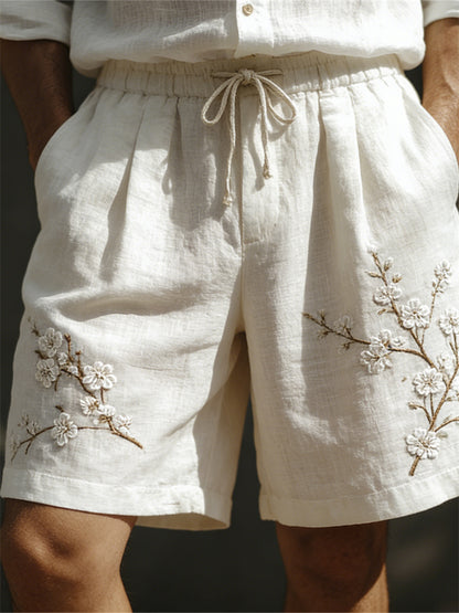 Men's Classy White Almond Blossom Embroidered Linen Shorts