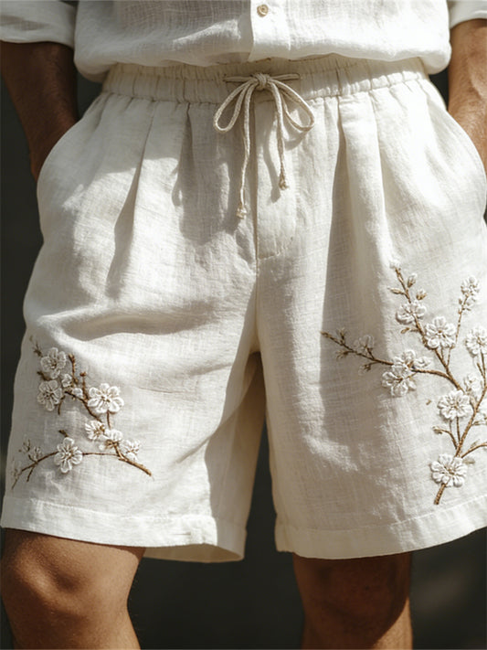 Men's Classy White Almond Blossom Embroidered Linen Shorts
