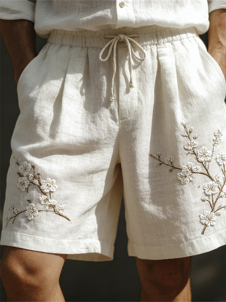 Men's Classy White Almond Blossom Embroidered Linen Shorts