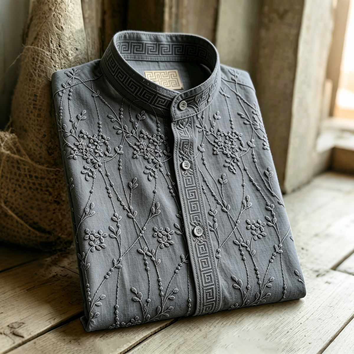 Retro Floral Pattern Casual Linen Blend Shirt