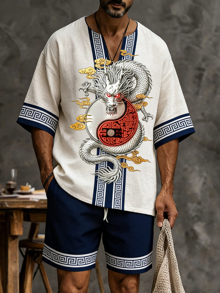 Men's Retro Color Block Dragon Design Suit