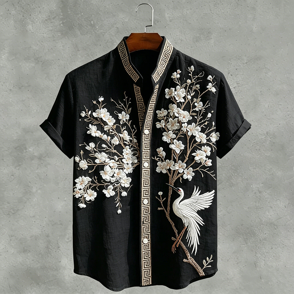Japanese  Cherry Blossom & Crane Art Linen Blend Shirt