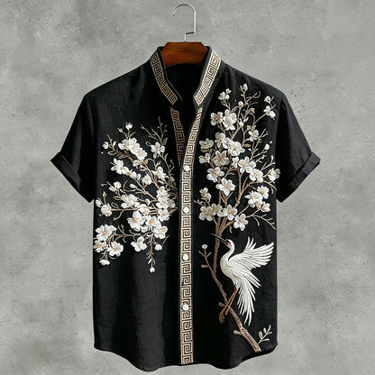 Japanese  Cherry Blossom & Crane Art Linen Blend Shirt