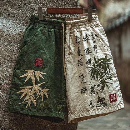 Japanese Bamboo Art Color Blocking Linen Blend Casual Shorts