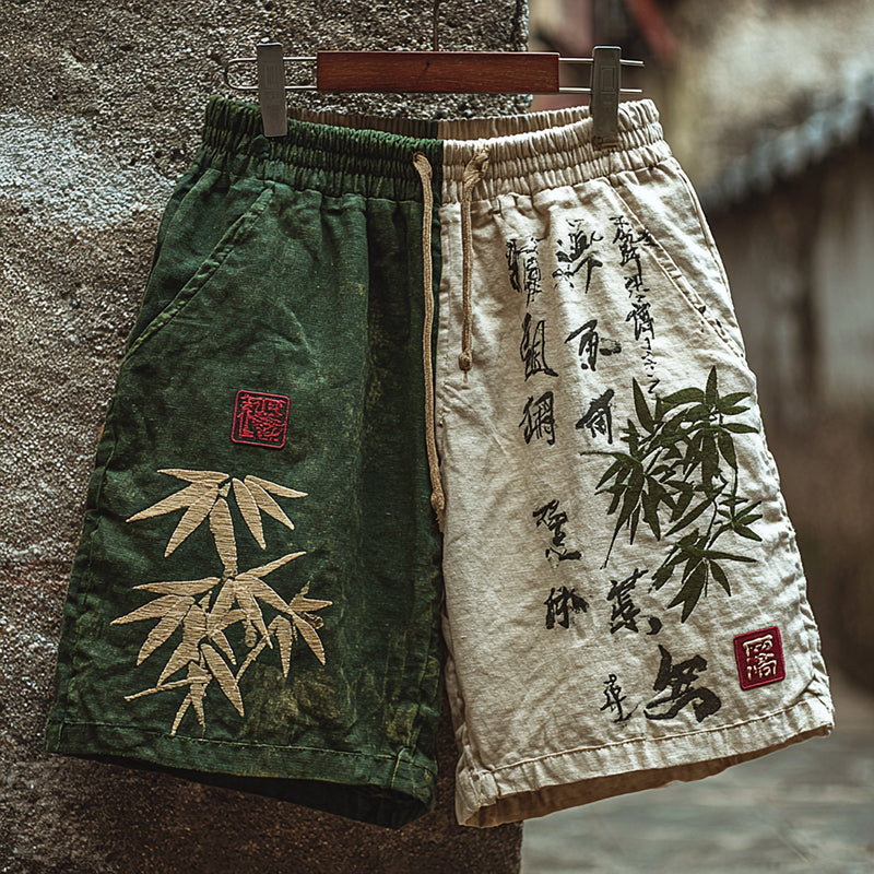 Japanese Bamboo Art Color Blocking Linen Blend Casual Shorts