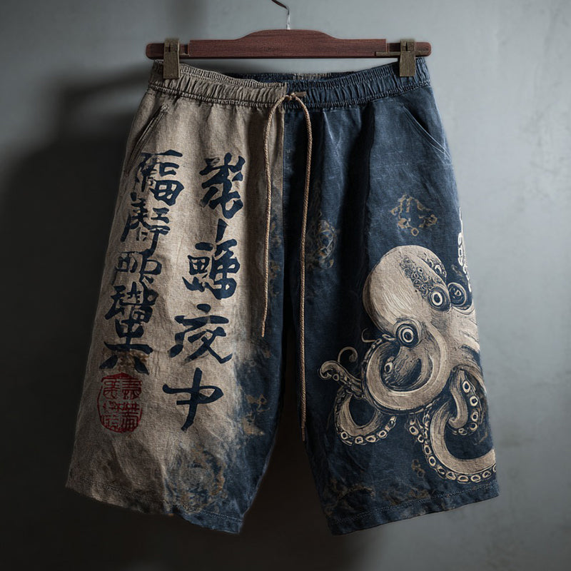 Retro Japanese Calligraphy And Octopus Art Pattern Casual Linen Shorts