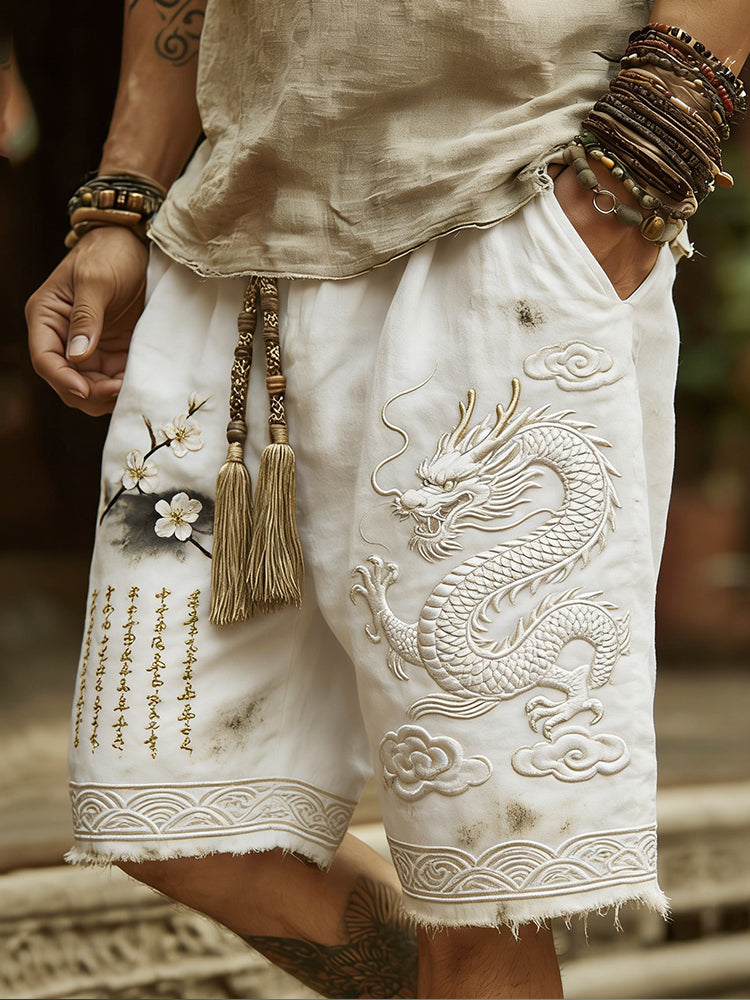 Men's Japanese Style Dragon And Cherry Blossom Calligraphy Art Cotton Linen Vintage Shorts
