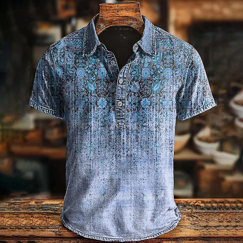 Men's Retro Ethnic Gradient Art Printed Casual Short Sleeve Polo Shirt