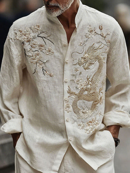 Men's Japanese-style Cherry Blossom With Dragon Pattern Linen Blend Shirt