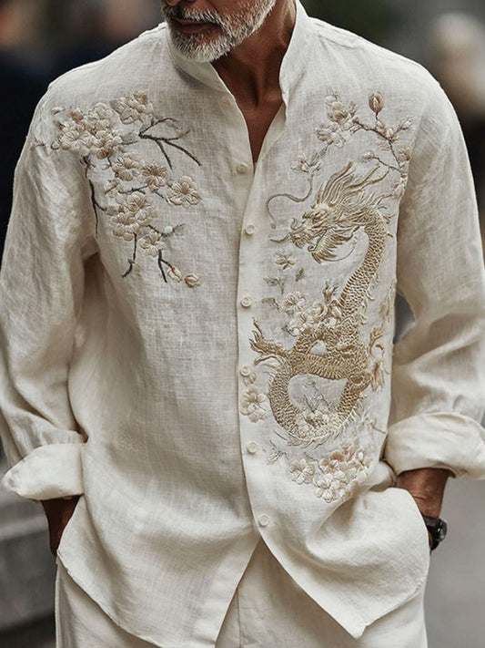 Men's Japanese-style Cherry Blossom With Dragon Pattern Linen Blend Shirt