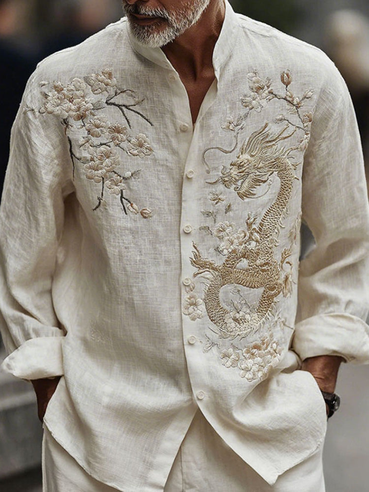 Men's Japanese-style Cherry Blossom With Dragon Pattern Linen Blend Shirt