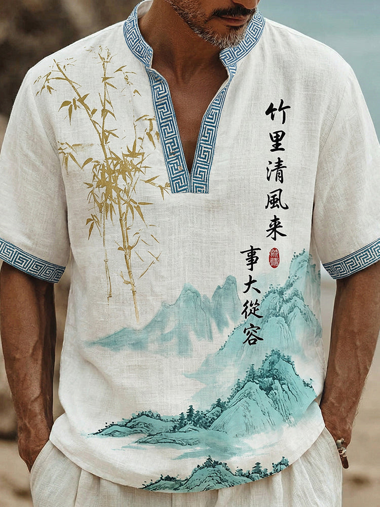 Retro Ancient Calligraphy And Bamboo Leaves Printed Art Printed Short-sleeve Tops
