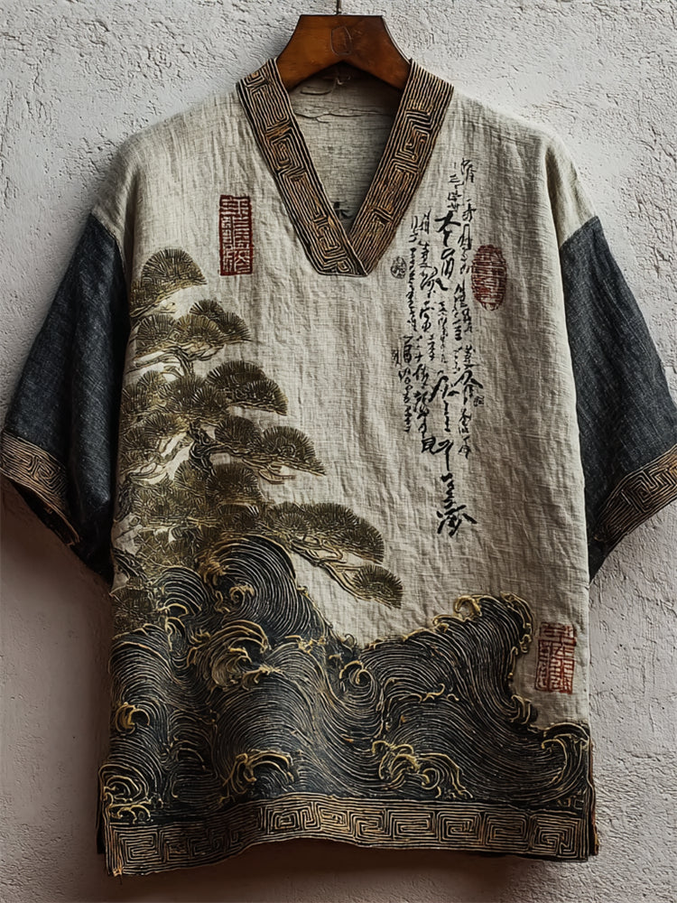 Men's Japanese Pine Trees & Sea Waves Calligraphy Art Linen Shirt